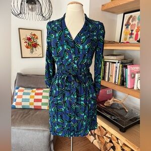Maeve Anthropologie Vibrant Blue and Green Long Sleeve Butterfly Shirt Dress